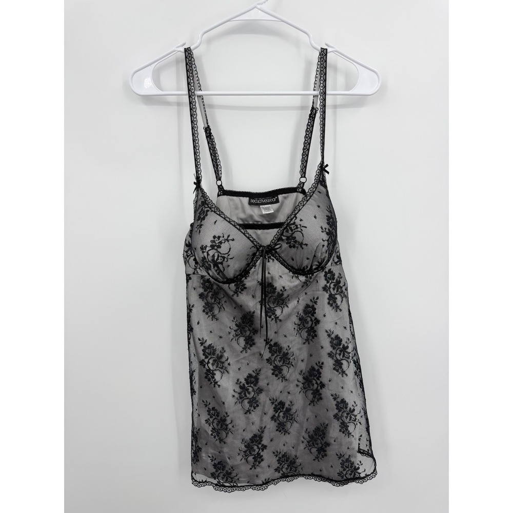 NWT‎ Cinema Etoile Seductive wear Babydoll Set Women XL  gray Black Floral Lace